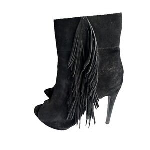 BCBG Black Suede Fringe Peep Toe Ankle Booties High Heel Side Zip Festival 10